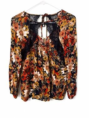 entro Black Lace-Trim Tie-Back Blouse with Floral Print Women’s Size Large Boho
